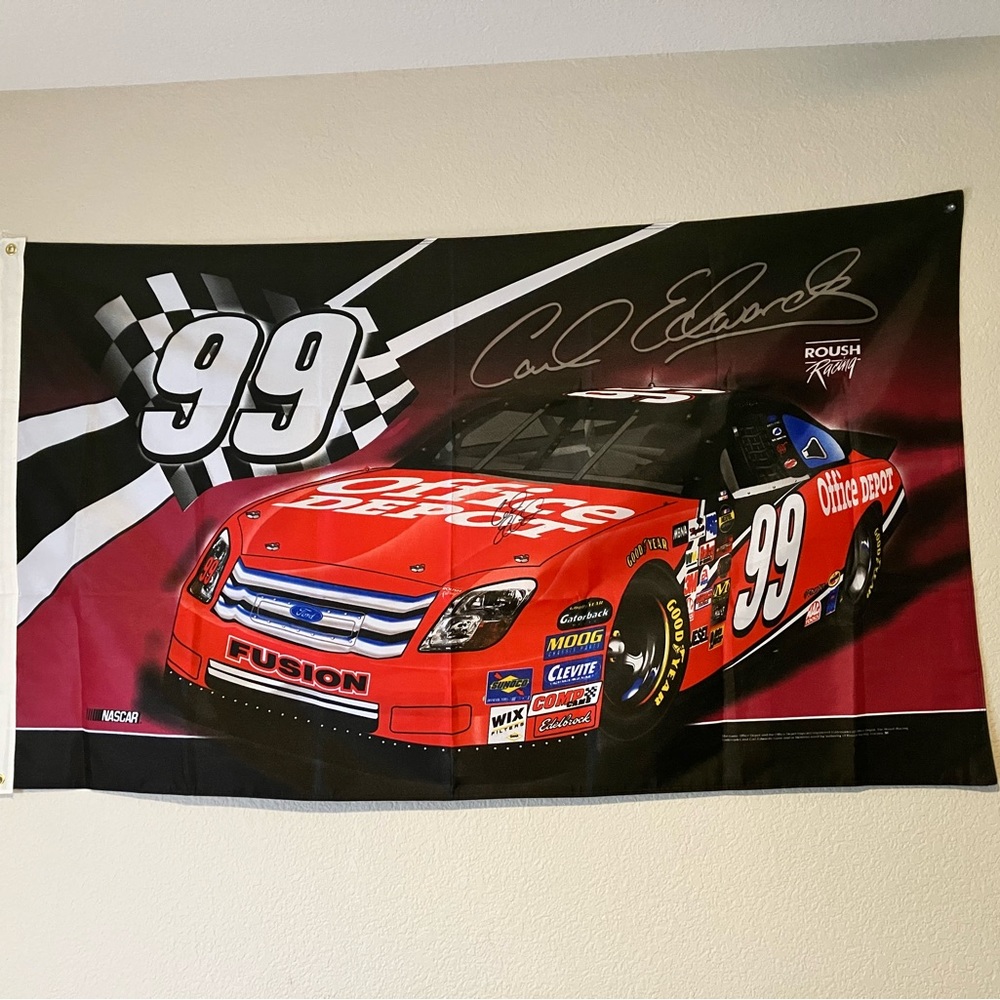 NASCAR 99 Carl Edward autographed wall flag estimate size of 8ft x 4ft